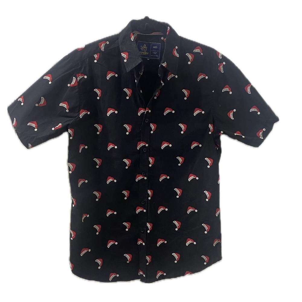 Rugby University Black Button Down Short Sleeve Santa Hat Shirt - Men’s Medium